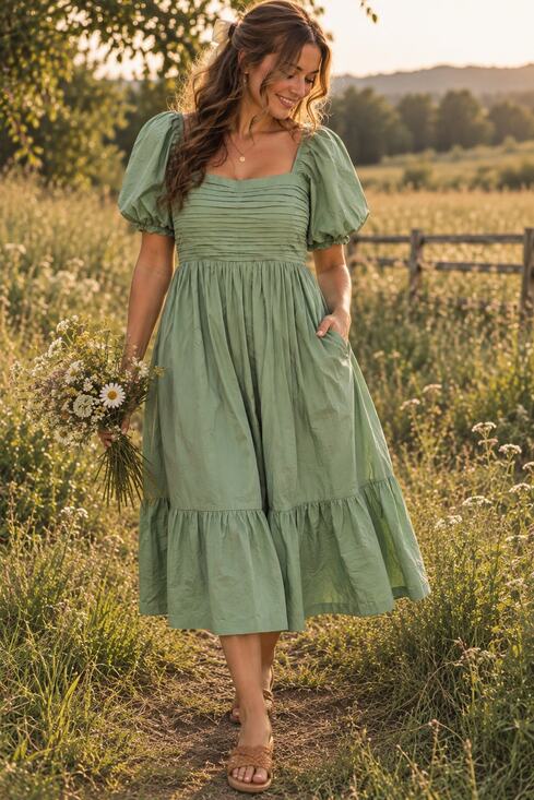 Abercrombie & Fitch Dresses & Skirts - Abercrombie Emerson Poplin Puff Sleeve Midi Dress Green L Cottagecore